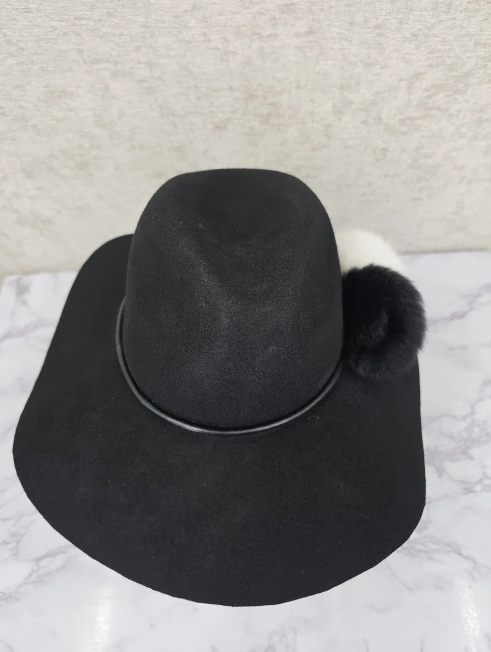 Echo Wool Cloche Floppy Brim Hat Leather Band with Rabbit Fur Pom Poms Black